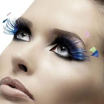 Pestañas Azules con Plumas de colores y Pegamento