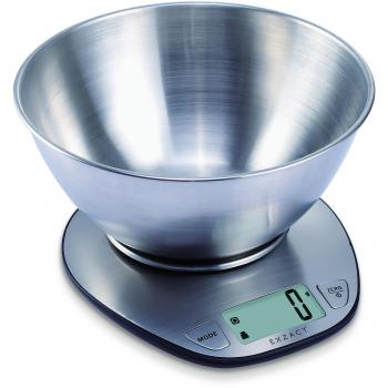 EXZACT Básculas de cocina/ Balanza Electrónica/ Escala Electrónica con Pantalla Grande y con Cuenco de Acero Inoxidable - 5kg/11lb