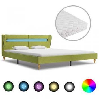 vidaXL Cama Matrimonio Luz LED Estructura Acero + Colchón Funda + Somier Láminas Cabecero Tapizada Tela 180x200 cm MDF Patas Madera Maciza Verde