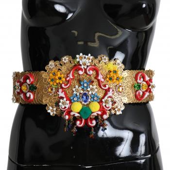 Dolce & Gabbana Embellished Floral Crystal Wide Waist Golden Belt - IT42|M