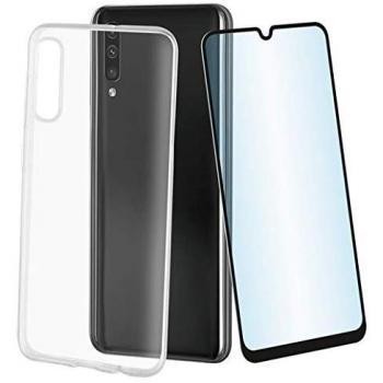 Muvit Pack Samsung Galaxy A50 Funda Cristal Transparente + Protector Pantalla Vidrio Templado Plano Marco Negro