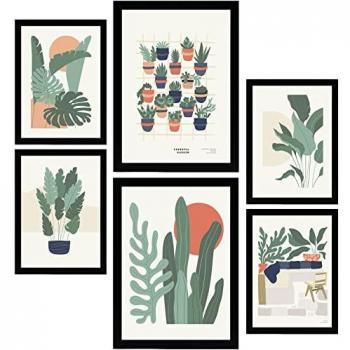 Set de 6 Posters Minimalistas en Colores Pastel con Plantas de Desierto y Paisajes Naturales para Decoración de Interiores - Tamaños A3 y A4 con Marcos Negros