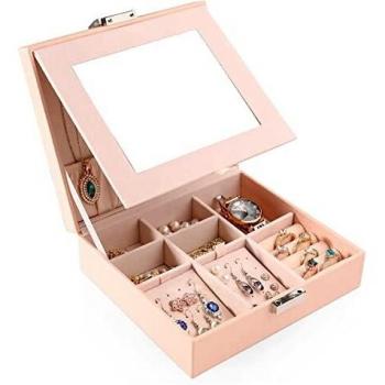 Tikea Cajas Para Joyas de Espejo - Joyero Pequeña Cofre Organizadore para Joya Soporte de almacenamiento para Aretes, Collar, Pulsera, Piel Sintética, Blanco, Gris, Rosa, Negro, 18*16*6cm