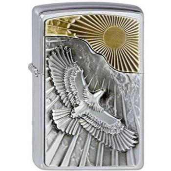 Encendedor Zippo Brushed Chrome Eagle Sun-Fly - Recargable, Llama Ajustable, Caja de Regalo, Construcción Metálica, Hecho en USA