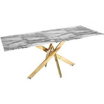 Mesa de Comedor de Cristal con Acabado Mármol y Pie en Aspa de Acero Inoxidable Dorado - 180x75x90 cm