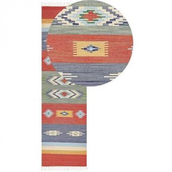 Alfombra Kilim Multicolor de Algodón 80 x 300 cm Tejida a Mano Reversible con Patrón Geométrico y Borlas