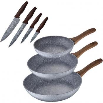San Ignacio Daimiel Set de 3 Sartenes de Aluminio Forjado con Antiadherente, Aptas para Inducción, Tamaños 18/26/28 cm + Set de 4 Cuchillos