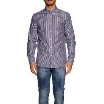 Lacoste Men's Regular Fit Long Sleeve Striped Casual Shirt - White/Navy, Size 5XL