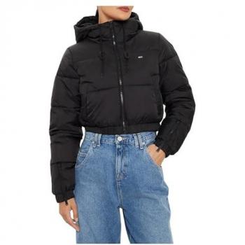 Tommy Jeans Women's Black Cropped Puffer Jacket with Hood, Size M