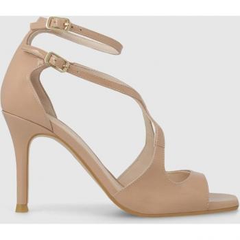Lodi - Sandalias de tacón de mujer en charol beige con doble pulsera al tobillo y tiras entrelazadas en empeine