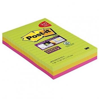 Bloc de notas Super Sticky 101x152mm, rayado, pack de 3 unidades en colores surtidos