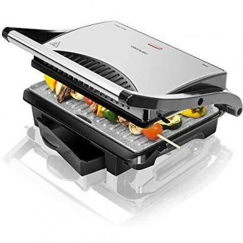 Cecotec Parrilla Eléctrica Rock'nGrill 1000. 1000 W, Revestimiento Antiadherente RockStone, Placa superior flotante, Cajetín recogegrasas, 25.5 x 29.5 x 10 cm, Color Acero/Negro