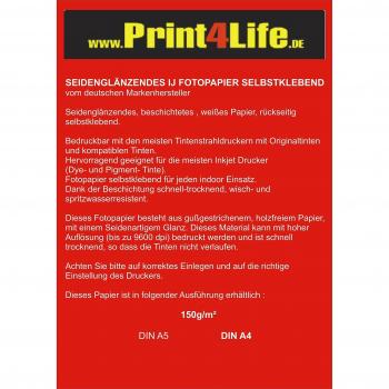 100 Hojas de Papel fotográfico A4 150g /m² Semi-Brillante Adhesivo en Toda la Superficie a 9600 dpi Impermeable Resistente a la luz