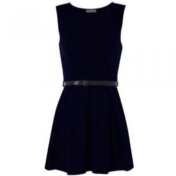 WearAll - Mujer Mini Vestido Skater Plisado Sin Mangas Con Cinturón - Azul Marino - 38
