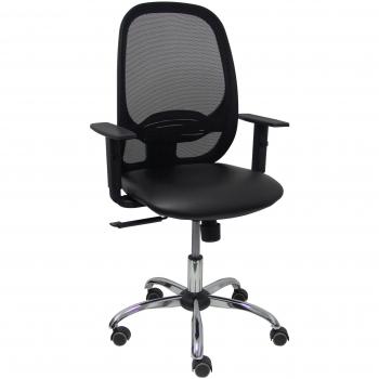 Silla de Oficina Ergonómica Cilanco con Respaldo de Malla Negra, Asiento Acolchado en Similpiel Negro, Brazos Ajustables y Base Cromada