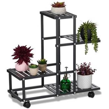 Estantería Metálica para Plantas con Ruedas, 4 Niveles, 60,5 x 61,5 x 26 cm, Soporte de Flores en Color Negro