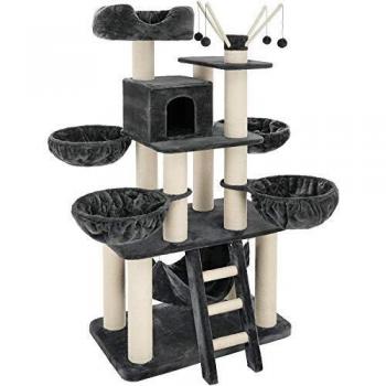 Rascador para gatos Gismo Tectake - Árbol rascador de 195 cm con 4 nidos giratorios, mirador, hamaca, casita para gatos, sistema antivuelco, 4 pelotas con son