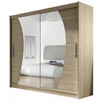 Armario Moderno Atlanta 115 con Espejo y Puertas Correderas en Roble Sonoma, 180 x 215 x 58 cm, 5 Estantes