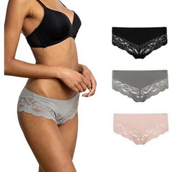 Pack de 3 Panties Hipster de Algodón con Encaje para Mujer - Colores Mezclados (Albaricoque/Verde/Negro) - Talla S