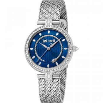 Just Cavalli Glam Chic Snake Women's Analog Watch with Gray Silver Strap and Blue Metal Dial