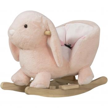 Caballito Balancín Infantil Forma de Conejo de Felpa para Bebés 18-36 Meses con Sonido Manillar y Reposapiés 60x33x50cm Rosa