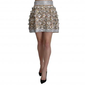Dolce & Gabbana Silver Silk Crystal High Waist Mini Skirt - IT42|M, Short Skirts, female, Gray, Size: S Crystal Embellished A-Line Mini Skirt