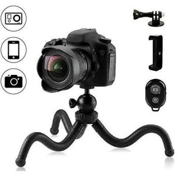 Dezuo Mini Trípode Móvil Flexible para Cámara, iPhone, Gopro, Smartphone con Soporte Universal Telefono y Adaptador Gopro y Control Remoto Bluetooth para Fotografía y Video