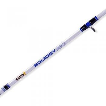 Caña Eging Sugoi Squidigy 2.10 m 100 g azul blanco, modelo Sugoi Squidgy GR 100, longitud de 2.10 metros, acción de 100 gramos, construcción en dos secciones