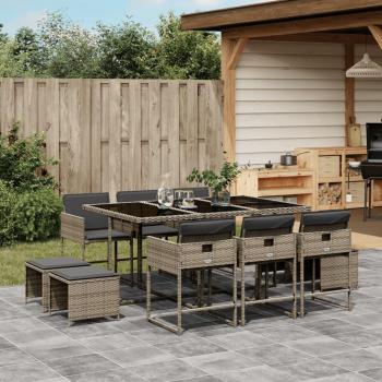 11-Piece Gray Poly Rattan Garden Dining Set with Cushions