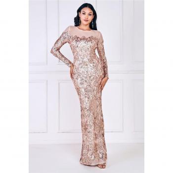 Goddiva Floral Sequin Mesh Maxi Dress - Champagne