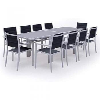Conjunto de Jardín Extensible Lampedusa 10 Plazas en Textilène Gris y Aluminio Blanco