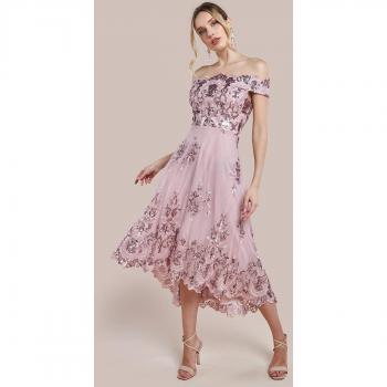 Goddiva Bardot Sequin & Lace High Low Midi Dress - Blush