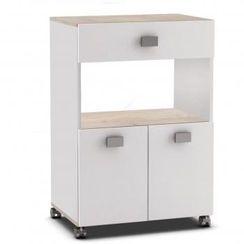Armario auxiliar de cocina bajo con 2 puertas y 1 cajón en color blanco mate y roble estilo nórdico, dimensiones 60x90x41 cm, mueble para microondas y almacenamiento