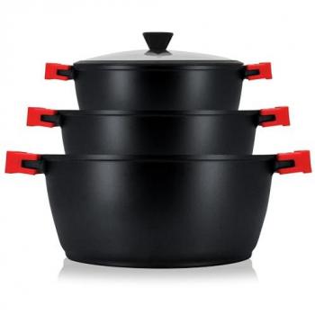 Batería de Cocina Briebe BLACKT3 Inducción Antiadherente Titanio 6 Piezas Aluminio Fundido sin PFOA con Tapas de Cristal y Asas Silicona Extraíbles