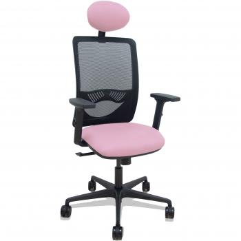 Silla Zulema sincro malla negra con asiento Bali rosa, brazos 2D, ruedas de 65mm y cabecero