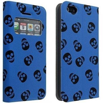 niceeshop(TM) Azul Profundo Funda Carcasa Case de Cuero de Soporte Plegable de Polvo Brillo Cráneo de Ventana Viata con Tarjeta para iPhone 5 5S con una protector de pantalla
