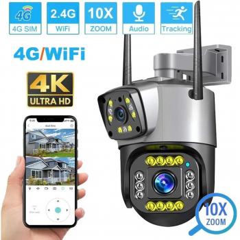 Cámara IP 4G de Doble Lente WiFi 8MP 4K para Vigilancia Exterior, Visión Nocturna y Zoom Digital - CCTV Inteligente para Hogar
