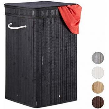 Cesto de Ropa Sucia Plegable de Bambú con Tapa, 70 L, Cuadrado, Negro, 63 x 36 x 36 cm