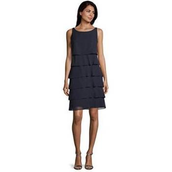 Vestido de Cocktail Vera Mont de Chiffon con Volantes en Azul Oscuro, Talla 36