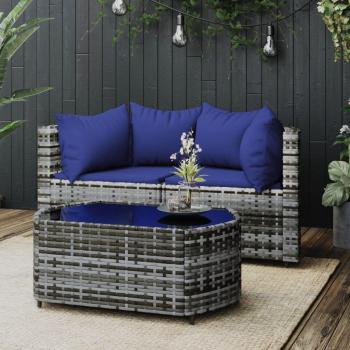 3-Piece Grey Poly Rattan Garden Lounge Set with Cushions