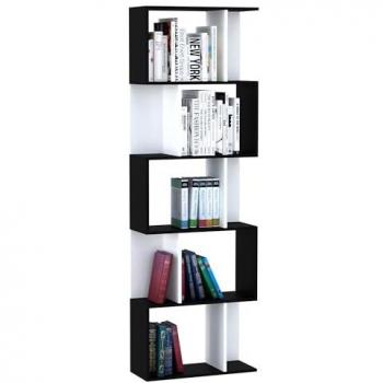 Estantería librería de 5 niveles HOMCOM, estantería de madera en forma de S, diseño moderno, dimensiones 60x24x184,5 cm, color blanco y negro