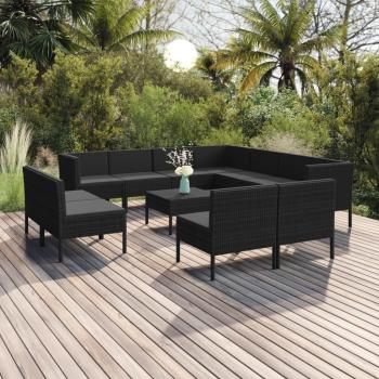 12-Piece Black Poly Rattan Garden Lounge Set with Cushions