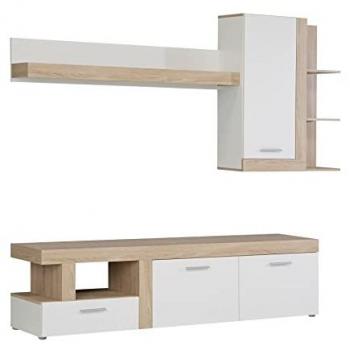 Mueble de salón modular JELANI de diseño nórdico, color blanco y roble, compuesto por dos módulos: mueble de televisión con amplio almacenaje y módulo superior para decoración, medidas 217 cm