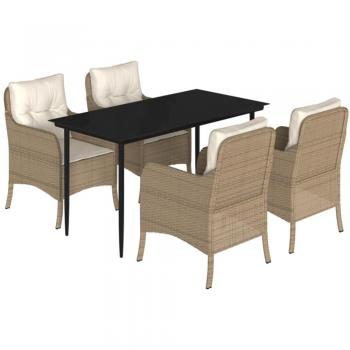 5 Piece Beige Poly Rattan Garden Dining Set with Cushions