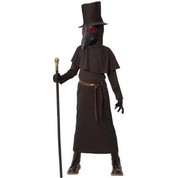 Disfraz de Doctor de La Peste para niños, incluye capa negra, máscara característica con pico largo, guantes y sombrero; confeccionado en materiales cómodos y resistentes, disponible en varias tallas