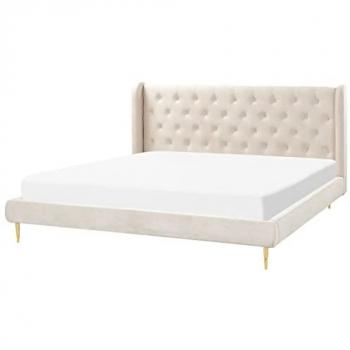 Cama matrimonial de terciopelo beige con somier y cabecero capitoné 180x200 cm Forbach