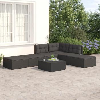 6 Piece Black Poly Rattan Garden Lounge Set with Cushions