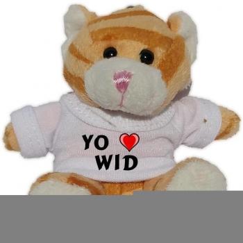 Gato marrón de peluche (llavero) con Amo Wid en la camiseta (nombre de pila/apellido/apodo)