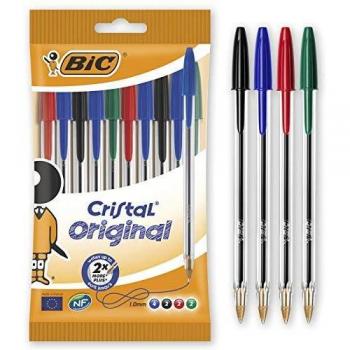 BIC Cristal, Bolsa de boligrafos, Óptimo para Uso de Oficina, Casa y Escolar, Pack de 10 Unidades, Multicolor