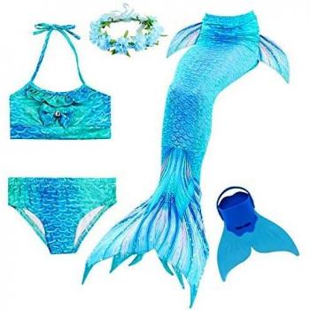 Romance Zone Cola de Sirena para Natación 5pcs Traje de Baño Mermaid Bikini Establece Disfraz de Sirena para Niña Princesa Cosplay Conjuntos con Diadema de Flores y Autocollant de Diamant